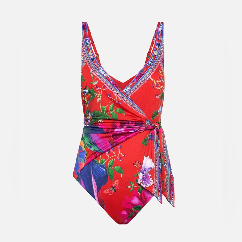Camilla ‘Birds of a Feather’ Red Floral Wrap One-Piece Swimsuit XS-D/DD - Picture 3 of 8